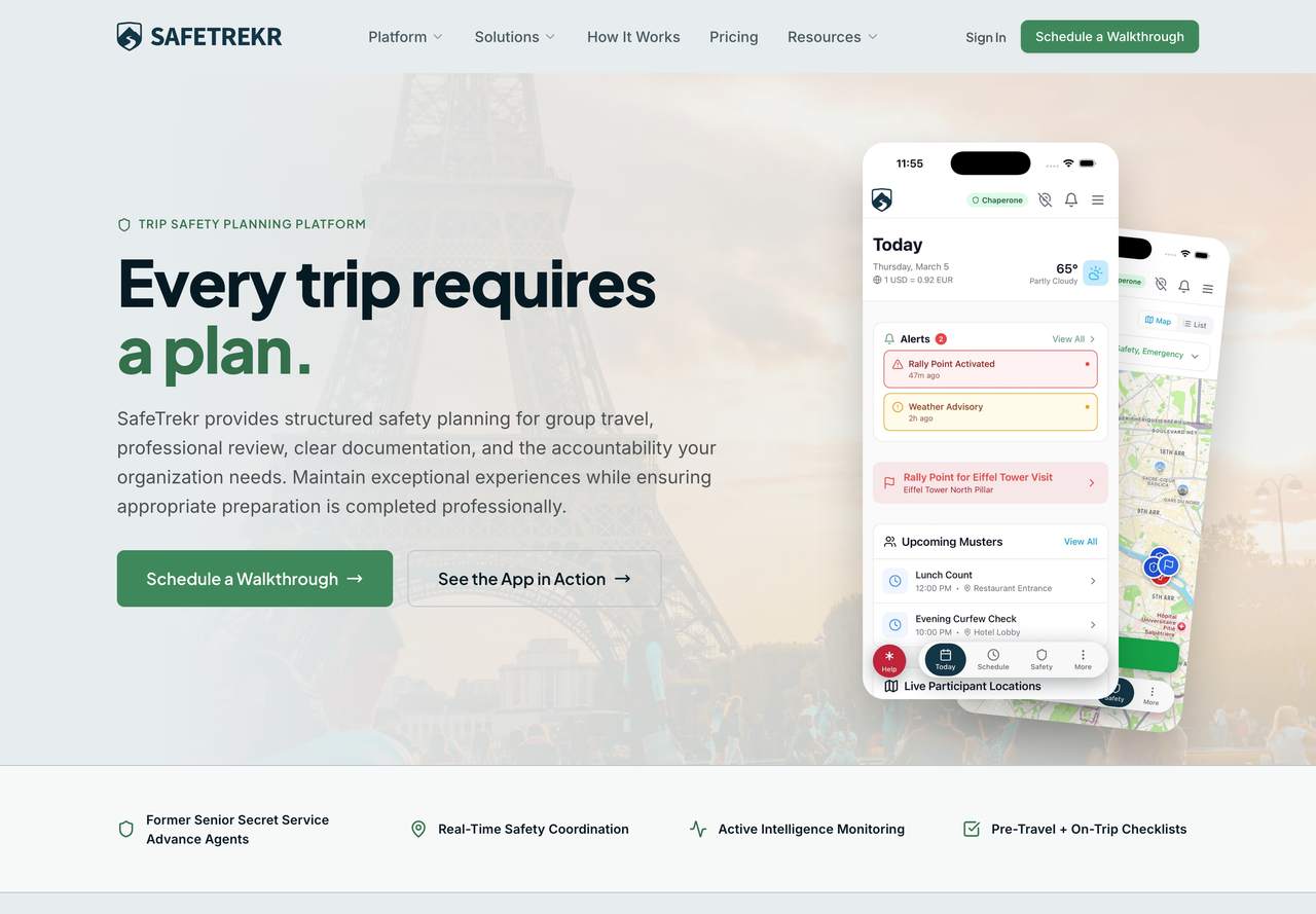 SafeTrekr — home page of the public site, as captured.
