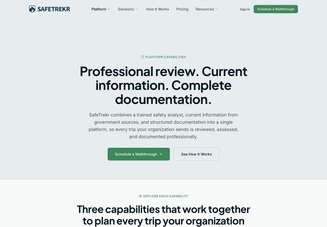 SafeTrekr — platform page of the public site, as captured.
