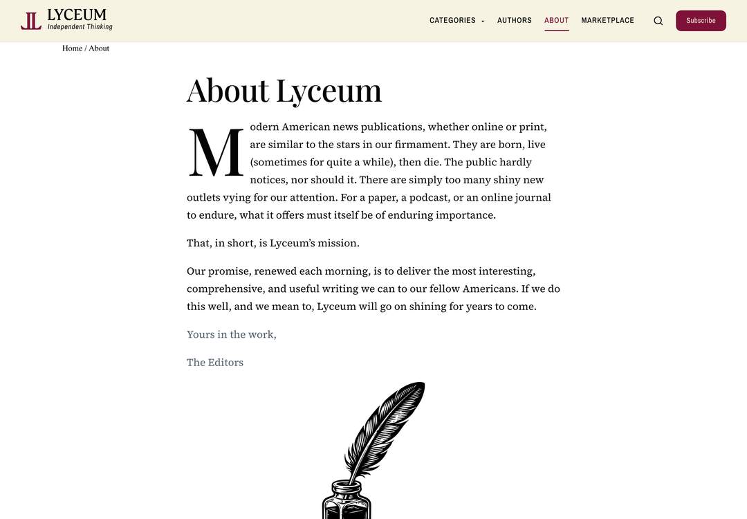 Lyceum Now — about page of the public site, as captured.