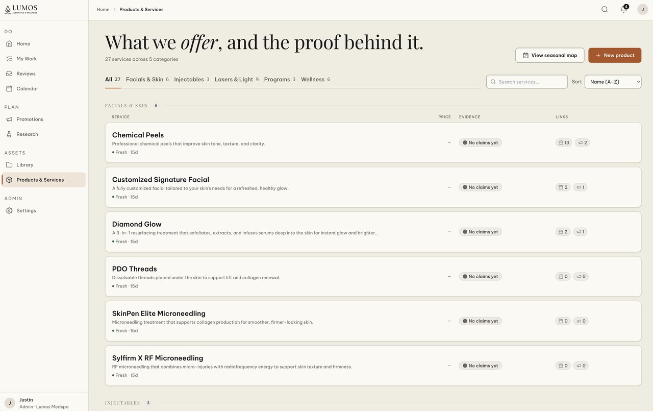 Lumos Throughline — the products and services view, as captured.