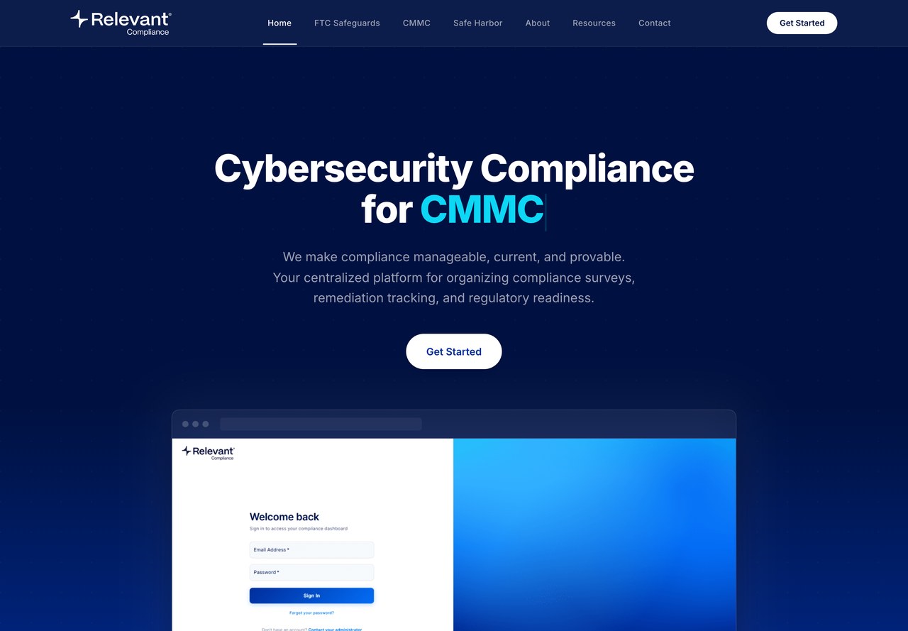 Relevant Compliance — home page of the public site, as captured.